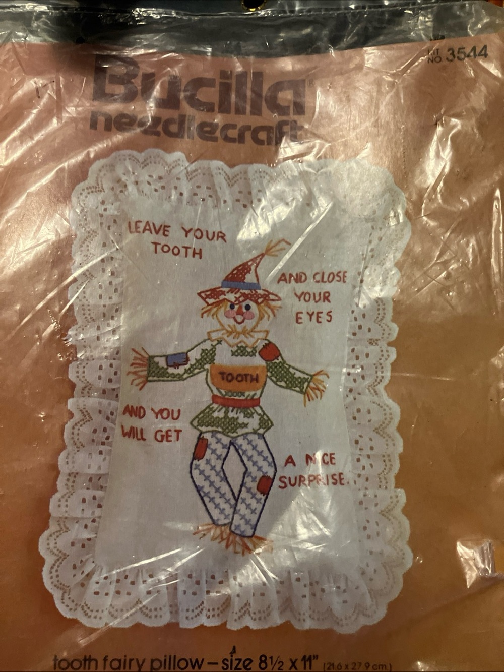 Bucilla Scarecrow Tooth Fairy Pillow Panel in White with Multicolor Embroidery